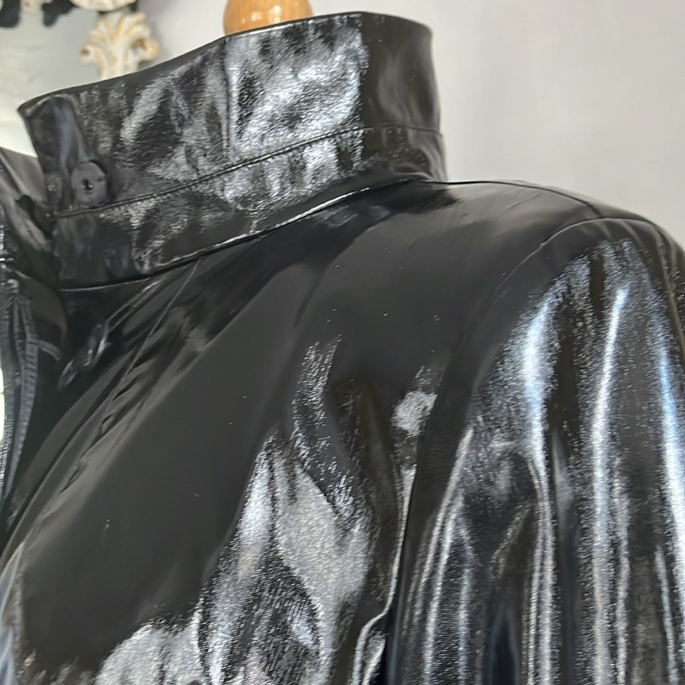 Calvin Klein Black High Shine Patent Faux Leather Trench Coat w/pockets Size M - Picture 12 of 17